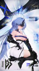  absurdres alsace_(azur_lane) armored_boots ass azur_lane bare_shoulders black_gauntlets black_tiara blue_hair blue_ribbon boots breast_ribbon breast_strap breasts character_name commentary dress eye_mask fangbao female halo halo_behind_head high_heel_boots high_heels highres large_breasts long_hair looking_at_viewer masked ribbon solo thigh_boots tiara very_long_hair white_dress zettai_ryouiki 