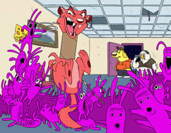  adult_swim allan_red alternate_species ambiguous_gender anthro avian bird bliblie canid canine canis cartoon_network charlie_dompler cheese creativecrystal dairy_products desmond_(smiling_friends) detailed_background domestic_dog domestic_ferret fangs food furrification group gun hi_res inside male mammal mustelid musteline paper_clip pim_pimling ranged_weapon smiling_friends snout teeth true_musteline weapon weasel 