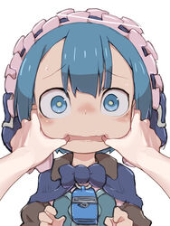  1boy 1other blue_bow blue_bowtie blue_capelet blue_corset blue_eyes blue_hair blush bow bowtie capelet corset hands_up highres looking_at_viewer made_in_abyss maid maid_headdress maruruk meme mouth_pull nejime nose_blush open_mouth otoko_no_ko pov pov_cheek_grabbing_(meme) pov_hands simple_background small_sweatdrop solo_focus sweat wavy_mouth whistle whistle_around_neck white_background wide-eyed ximu_shilang yellow_pupils 