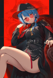  absurdres armchair bare_legs belt black_belt black_coat black_hat black_shirt black_skirt breasts chair chinese_clothes coat coat_on_shoulders crossed_legs dragon earrings female genjitsu_pirika hat highres hololive hoshimachi_suisei hoshimachi_suisei_(oriental_suit) jewelry low_side_ponytail official_alternate_costume parted_lips red-tinted_eyewear red_background red_eyes shirt sitting skirt solo sunglasses tassel thighs tinted_eyewear virtual_youtuber 