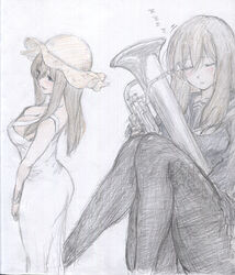  ass black_pantyhose blue_eyes breasts brown_hair cleavage colored_pencil_(medium) dress euphonium hat hibike!_euphonium highres holding holding_instrument instrument kuroe_mayu large_breasts long_hair panties pantyhose pantyshot school_uniform shirajira sleeping smile sun_hat thighs traditional_media underwear white_dress zzz 