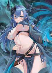  absurdres azur_lane black_coat blue_eyes blue_hair blush breasts coat dress female hair_between_eyes highres horns kanesada_dp large_breasts long_hair looking_at_viewer mary_celeste_(azur_lane) navel pointy_ears revealing_clothes solo stomach tentacle torn_clothes underboob 