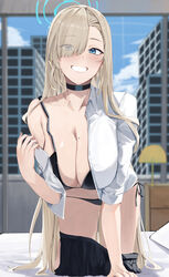  absurdres asuna_(blue_archive) bedroom bikini black_bikini black_skirt blonde_hair blue_archive blue_eyes breasts cleavage clothes_pull commentary day eyes_visible_through_hair female grin hair_over_one_eye halo highres indoors large_breasts long_hair miniskirt mole mole_on_breast off_shoulder ref_(pmxt4483) school_uniform shirt single_bare_shoulder skirt skirt_pull smile solo straight_hair swimsuit thighs undressing very_long_hair white_shirt window 