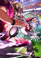  2boys absurdres american_football american_football_(object) american_football_helmet american_football_uniform ball brown_hair commentary_request crowd eyeshield_21 gloves goggles goggles_on_eyes helmet highres hosokawa_ikkyu juumonji_kazuki kobayakawa_sena kongou_agon kurita_ryokan male_focus multiple_boys muscular muscular_male open_mouth ossan_zabi_190 smile sportswear taki_suzuna white_gloves 