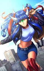  backpack bag black_jacket blue_hair blue_shorts blue_sky blunt_bangs blurry blurry_background breasts cacodemon cityscape commentary crop_top cyclops day doom_(series) english_commentary female green_eyes hair_ornament hair_scrunchie highres horns jacket long_hair long_sleeves looking_at_viewer medium_breasts midriff monster_girl multicolored_hair multiple_horns navel one-eyed outdoors personification pointy_ears red_hair red_scrunchie scrunchie shorts sky smile solo streaked_hair substance20 twintails two-tone_hair 