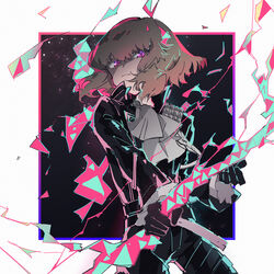  1boy black_gloves border brown_hair closed_mouth gloves gradient_border gradient_eyes highres holding holding_weapon lio_fotia male_focus multicolored_eyes pink_eyes promare purple_eyes shaded_face sky solo star_(sky) starry_sky studded tkm_(1322323425) weapon 