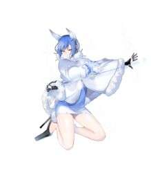  black_gloves blue_eyes blue_hair breasts cape capelet closed_mouth dress female fire_emblem fire_emblem_heroes full_body fur_trim gloves gradient_hair hair_ornament high_heels highres ice kneeling looking_away multicolored_hair nifl_(fire_emblem) non-web_source official_art pale_skin shiny_skin short_dress short_hair solo sparkle transparent_background white_cape white_hair yasuda_suzuhito 