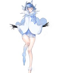  ass_visible_through_thighs black_gloves blue_eyes blue_hair cape capelet dress female fire_emblem fire_emblem_heroes full_body fur_trim gloves gradient_hair hair_ornament highres long_legs multicolored_hair nifl_(fire_emblem) non-web_source official_art open_mouth pale_skin shoes short_dress short_hair solo sparkle thighs transparent_background white_cape white_hair yasuda_suzuhito 