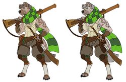  anthro female gender_transformation gnoll gun hi_res hyena male mammal mature_anthro mature_female mature_male melee_weapon min_(artist) pathfinder ranged_weapon solo sword transformation warrior weapon 