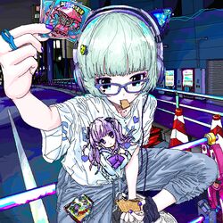  ace_akira animal_ear_headphones animal_ears baggy_clothes black_eyes blue_legwear blunt_bangs building cat_ear_headphones chocolate eva_01 eyeshadow fake_animal_ears female food glasses grey_pants hair_ornament hairclip headphones heart ikari_shinji jaggy_lines jewelry light_green_hair makeup mole mole_on_nose neon_genesis_evangelion night original pants purple_nails railing ring road shamshel_(evangelion) shirt shoes short_hair sneakers sticker traffic_cone vending_machine wafer white_footwear white_shirt 