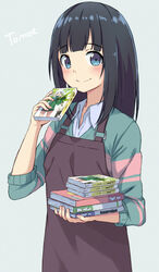  apron black_hair blue_eyes book book_focus book_stack bookmark character_name commentary_request employee_uniform eromanga_sensei female highres holding holding_book itachi_kanade long_hair looking_at_viewer manga_(object) meta novel_(object) photoshop_(medium) smile solo sweater takasago_tomoe uniform 