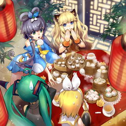  4girls ahoge animal_ears bamboo_steamer baozi bare_shoulders black_sleeves blonde_hair blue_dress blue_sleeves bow bow_hairband cat_ears chinese_food chopsticks commentary cup detached_sleeves dim_sum doily dress dropping dumpling eating food food_in_mouth from_above green_hair grey_hair hair_ornament hair_rings hairband hairbow hatsune_miku holding holding_chopsticks indoors jiaozi kagamine_rin lantern long_hair luo_tianyi meal multiple_girls paper_lantern plant potted_plant sailor_collar seeu short_hair shumai_(food) sleeveless sleeveless_dress steam sweatdrop tea teacup tile_floor tiles twintails very_long_hair vocaloid vsinger white_bow yukiusagi1983 