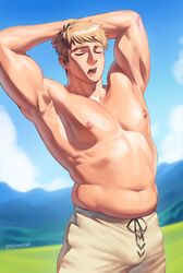  1boy absurdres arms_behind_head arms_up bara belly biceps blonde_hair blue_sky bulge closed_mouth cloud cowboy_shot day drawstring dungeon_meshi grass highres laios_touden light_blush male_focus mountainous_horizon muscular muscular_male navel nifast_(greentail) nipples open_mouth outdoors pants pectorals short_hair sky solo standing teeth tongue twitter_username upper_teeth_only very_short_hair white_pants yawning 