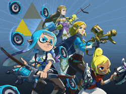  2023 aerospray animal_humanoid blonde_hair bow_(weapon) breath_of_the_wild brown_body brown_skin cephalopod cephalopod_humanoid clothing crossover e-liter_4k elf group hair hi_res humanoid humanoid_pointy_ears hylian inkling inkling_girl killer_wail_5.1 light_body light_skin long_hair marine marine_humanoid mollusk mollusk_humanoid nintendo pirate_leader_tetra princess_zelda pseudo_hair ranged_weapon simple_background speaker splatfest splatfest_tee splatoon square_crossover stupjam tentacle tentacle_hair tetra_dualies the_legend_of_zelda triforce tristringer twilight_princess weapon wind_waker 