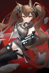  afaalphaxd angelina_(arknights) angelina_(endfield)_(arknights) animal_ears arknights arknights:_endfield belt black_gloves black_thighhighs blush breasts brown_hair chromatic_aberration coat debris dot_nose dress earpiece female film_grain fox_ears fox_girl gloves grey_dress hair_intakes high_belt highres invisible_chair large_breasts long_hair looking_at_viewer open_clothes open_coat orange_eyes red_background red_coat sidelocks sitting smile solo teeth thighhighs twintails 