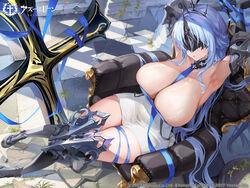  absurdres alsace_(azur_lane) armored_boots armpits arms_up azur_lane between_breasts black_footwear black_gauntlets black_thighhighs black_tiara blue_hair blue_ribbon boots bound bound_wrists breast_strap breasts cleavage copyright_name covered_eyes covered_navel cross dress eye_mask female gauntlets hair_spread_out halo high_heel_boots high_heels highres huge_breasts large_breasts logo long_hair looking_at_viewer masked official_art open_mouth parted_bangs parted_lips ribbon sage_joh second-party_source short_dress sitting skindentation solo thighhighs tiara very_long_hair weapon white_dress wings 