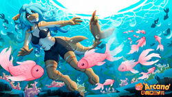  16:9 anthozoan anthro arcanelynx belt bikini biped blue_eyes blue_hair bottomwear bra claws clothed clothing cnidarian coral digital_drawing_(artwork) digital_media_(artwork) digitigrade ear_piercing ear_ring feet fingers fish furgonomics furry-specific_piercing hair lemon_shark marine multicolored_body open_mouth outside piercing razzy_(raspberryjam) requiem_shark ring_piercing sea shark shorts smile solo swimming swimwear tail tail_piercing teeth toes topwear two_tone_body underwear water widescreen yellow_body 