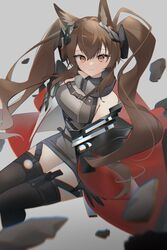  afaalphaxd angelina_(arknights) angelina_(endfield)_(arknights) animal_ears arknights arknights:_endfield belt black_gloves black_thighhighs blush breasts brown_hair chinese_commentary chromatic_aberration coat commentary_request debris dot_nose dress earpiece female film_grain fox_ears fox_girl gloves grey_background grey_dress hair_intakes high_belt highres invisible_chair large_breasts long_hair looking_at_viewer open_clothes open_coat orange_eyes red_coat sidelocks sitting smile solo teeth thighhighs twintails 