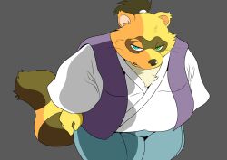  2024 anthro belly big_belly bottomwear brown_body canid canine clothing green_eyes hi_res hysk kemono male mammal overweight overweight_male pants raccoon_dog sengoku_puzzle simple_background solo tanuki tokugawa_ieyasu 