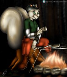  absurd_res anthro armor belt belt_buckle belt_pouch beverage big_tail boots bottomwear buckle buckteeth campfire campfire_scene chainmail clothed clothing container cooking cookware cup curled_tail digital_media_(artwork) fingers fire fluffy fluffy_tail footwear frying_pan fur fur_tuft green_eyes gret_fur grill hat headgear headwear hi_res holding_container holding_cup holding_object kitchen_utensils legwear long_tail looking_down male mammal mohrlex night outside pants plant rock rodent sciurid shirt shoes sitting smile solo spread_legs spreading tail teeth text tools topwear tree tree_squirrel tuft url 