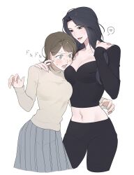  2girls @_@ absurdres black_eyes black_hair black_leggings black_shirt breasts brown_eyes brown_hair chejamong cleavage commentary_request cowboy_shot finger_to_another&#039;s_cheek grey_skirt grey_sweater hand_on_another&#039;s_face heart highres japan-korea_yuri_(meme) korean_commentary leggings long_hair long_sleeves looking_at_breasts medium_breasts meme midriff multiple_girls navel original parted_lips pleated_skirt shirt simple_background skirt sleeves_past_wrists smile spoken_heart sweater translation_request white_background yuri 