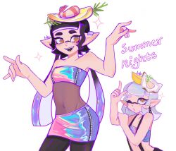  callie_(splatoon) earrings food food_on_head fruit highres iridescent jewelry lemon lemon_slice looking_at_viewer marie_(splatoon) object_on_head official_alternate_costume official_alternate_hairstyle oyster pantyhose splatoon_(series) splatoon_3 springblx tentacle_hair white_background 