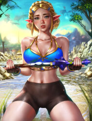  absurdres bare_shoulders bike_shorts black_gloves black_shorts blonde_hair blue_bra bra braid breasts collarbone crown_braid female fingerless_gloves floating_rock gloves gold_trim green_eyes hair_ornament hairclip highres holding holding_sword holding_weapon kneeling logan_cure looking_at_viewer navel paid_reward_available parted_lips pointy_ears princess_zelda shorts sky solo sportswear sword the_legend_of_zelda the_legend_of_zelda:_tears_of_the_kingdom underwear weapon 