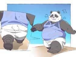  2024 4:3 anthro ass bear belly big_belly black_body black_nose bodily_fluids bottomwear closed_eyes clothing giant_panda hi_res inunoshippo kemono male mammal overweight overweight_male shirt shorts solo sweat tired topwear walking white_body 