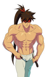  1boy abs ashensol bara belt biceps black_belt brown_hair closed_eyes closed_mouth collarbone commentary feet_out_of_frame groin guilty_gear headband highres korean_commentary long_hair male_focus muscular muscular_male pants pectorals ponytail putting_on_belt red_headband simple_background sol_badguy solo topless_male white_background white_pants 