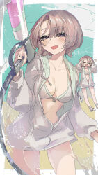  arimura_mao asymmetrical_bangs bikini blush border breasts brown_hair chibi cleavage collarbone cowboy_shot dot_nose female front-tie_bikini_top front-tie_top gakuen_idolmaster grey_eyes hair_over_one_eye hand_up highres holding holding_water_gun hood hood_down hoodie hose idolmaster kimi_to_semi_blue_(idolmaster) large_breasts long_sleeves looking_at_viewer multiple_views navel open_clothes open_hoodie open_mouth outside_border pote0508 short_hair smile splashing standing swimsuit two-tone_background water_gun white_bikini white_border white_hoodie 