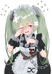  absurdres blush breasts corin_wickes crying cuffs female flying_sweatdrops green_hair highres long_hair looking_at_viewer maid maid_headdress one_eye_closed purple_eyes rnekon215 shackles simple_background small_breasts solo tears twintails white_background wiping_tears zenless_zone_zero 