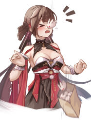  ^^^ animal_on_head bag bare_shoulders black_dress breasts brown_hair chinese_clothes cleavage cropped_torso dress falling female hair_between_eyes highres honkai_(series) honkai_impact_3rd large_breasts li_sushang li_sushang_(auspicious_dazzle) long_hair on_head open_mouth rabbit rabbit_on_head strapless strapless_dress white_background white_rabbit_(animal) yelan_xing_xuan 