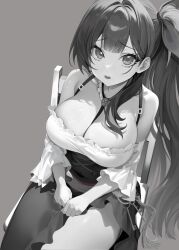  alice_vu asymmetrical_skirt azur_lane bare_shoulders barmaid bell_(azur_lane) bell_(saloon_mishaps)_(azur_lane) between_breasts blush breasts chair cleavage detached_sleeves female frills from_above greyscale hair_ribbon highres key keyring large_breasts long_hair looking_at_viewer monochrome official_alternate_costume on_chair open_mouth ribbon side_ponytail sitting solo strap very_long_hair wide_sleeves 