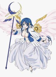  angel_wings bell blue_dress blue_eyes blue_hair breasts broken broken_chain center_opening chains collar dress female full_body hair_bell hair_ornament highres holding holding_staff kazane_hiyori large_breasts long_dress long_hair looking_at_viewer mechanical_wings metal_collar navel open_mouth robot_ears simple_background smile solo sora_no_otoshimono staff stomach two-tone_dress watanabe_yoshihiro white_background white_dress white_footwear wings 