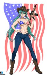  absurdres american_flag american_flag_bikini american_flag_print artist_name bikini blue_eyes blue_hair blue_nails boots breasts brown_footwear cowboy_hat denim flag_print full_body gun hand_on_own_hip hat hatsune_miku highres holding holding_gun holding_weapon jeans large_breasts long_hair looking_at_viewer multicolored_nails navel pants print_bikini red_nails smile sunglasses swimsuit t-works thong twintails twitter_logo twitter_x_logo very_long_hair vocaloid weapon weapon_request 