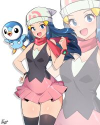  absurdres beanie black_dress black_thighhighs blue_eyes blue_hair blush dawn_(pokemon) dress female hat highres jarckius open_mouth pink_dress piplup poke_ball_print pokemon pokemon_(creature) pokemon_dppt print_headwear red_scarf scarf signature sleeveless sleeveless_dress thighhighs two-tone_dress white_beanie white_hat zoom_layer 