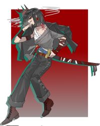  belt black_hair black_pants boots border brown_footwear chest_sarashi earrings female full_body gradient_background grey_shirt highres holding holding_sword holding_weapon jewelry limbus_company long_sleeves looking_at_viewer mask mask_on_head neck_ribbon oni_mask ootachi pants project_moon red_background red_belt red_eyes red_ribbon ribbon ryoshu_(project_moon) sarashi shirt short_hair smoke smoking solo sword weapon white_border xing_qian96589 