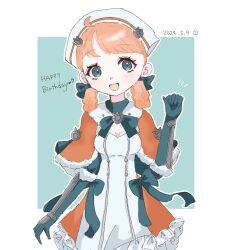  annette_fantine_dominic aqua_background arm_up blue_bow blue_eyes border bow braided_hair_rings breasts capelet commentary_request dated eyelashes female fire_emblem fire_emblem:_three_houses fire_emblem_warriors:_three_hopes fur-trimmed_capelet fur_trim happy_birthday head_scarf highres m_ouo_314 official_alternate_costume official_alternate_hairstyle orange_capelet orange_hair outside_border scarf simple_background solo white_border white_scarf 