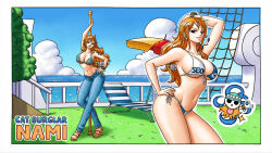  arm_on_own_head arm_up artist_name bangle bare_shoulders beach_chair beach_umbrella bikini bikini_top_only blue_bikini blue_pants blue_sky border bracelet breasts brown_eyes character_name cleavage clima-tact closed_mouth cloud cloudy_sky collarbone commission cowboy_shot denim earrings english_commentary female flower front-tie_bikini_top front-tie_top full_body grass green_bikini groin hair_flower hair_ornament halterneck hand_on_own_hip high_heel_sandals high_heels highres holding holding_staff horizon iury_padilha jeans jewelry jolly_roger large_breasts log_pose long_hair looking_at_viewer midriff multiple_views nami_(one_piece) narrow_waist navel ocean official_alternate_costume one_piece one_piece_film:_gold orange_hair outdoors pants pearl_earrings pirate_ship posing sandals shoulder_tattoo side-tie_bikini_bottom single_sidelock sky sparkle staff standing stomach swimsuit tattoo thousand_sunny toes tree two-tone_bikini umbrella wavy_hair white_bikini white_border 