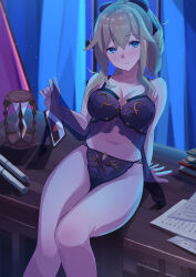  absurdres alternate_costume babydoll_lift bare_shoulders blonde_hair blue_eyes book bow breasts cleavage curtains female genshin_impact hair_between_eyes hairbow highres hourglass indoors jean_(genshin_impact) long_hair looking_at_viewer mxsoundtube navel nightgown on_table paper ponytail presenting sand scroll sitting smile solo table thighs 