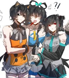  2boys black_hair black_skirt blue_dress blush bob_cut breasts closed_eyes cosplay dress female grey_shirt grey_skirt hatsune_miku hatsune_miku_(cosplay) highres hong_lu_(project_moon) limbus_company luo_tianyi luo_tianyi_(cosplay) medium_breasts multiple_boys open_mouth orange_shirt project_moon red_eyes ryoshu_(project_moon) seeu seeu_(cosplay) shirt short_hair short_twintails sidelocks simple_background skirt smile twintails vocaloid white_background xing_qian96589 yi_sang_(project_moon) 