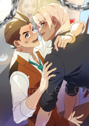  2boys after_kiss antenna_hair apollo_justice apollo_justice:_ace_attorney arm_on_another&#039;s_shoulder black_shirt blonde_hair blue_eyes blush bracelet brown_eyes brown_hair caught chains collared_shirt earrings green_necktie gyakuten_saiban hand_on_another&#039;s_arm highres jewelry klavier_gavin lipstick lipstick_mark lipstick_mark_on_face lipstick_mark_on_neck looking_at_viewer makeup male_focus multiple_boys nam_eh_co necktie pants red_pants red_vest shirt sitting sleeves_rolled_up smeared_lipstick vest white_shirt yaoi 