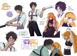  1boy apron black_gloves black_pants black_shirt black_sports_bra blush bow brown_hair brown_hairband collared_shirt female gloves glwkddl hairband hairbow heathcliff_(project_moon) highres ishmael_(project_moon) kissing korean_text limbus_company long_hair multiple_views necktie orange_hair pants project_moon purple_apron purple_eyes red_necktie shi_association_(identity)_(project_moon) shirt sidelocks simple_background sleeveless sleeveless_shirt sports_bra straight translation_request very_long_hair white_background white_bow white_shirt 