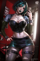  absurdres aqua_hair artist_name black_bustier black_choker black_hair black_lips black_nails black_skirt blossom_(ppg) breasts bubbles_(ppg) bustier buttercup_(ppg) character_print choker collarbone courage_(character) courage_the_cowardly_dog deviantart_username earrings eyelashes female goth_fashion green_skirt green_sleeves gwen_(total_drama) hand_on_own_hip heart heart_necklace highres holding holding_phone jewelry lip_piercing lips logan_cure miniskirt multicolored_hair multiple_rings navel_piercing necklace nose_piercing o-ring o-ring_thigh_strap pantyhose patreon_username phone piercing powerpuff_girls ring self_character_print selfie short_hair skirt spiked_choker spiked_thigh_strap spikes sticker streaked_hair studded_wristband thigh_strap torn_clothes torn_pantyhose total_drama two-tone_skirt watermark 