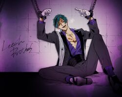  1boy black_eyes bleeding blood blood_from_mouth blood_on_clothes blue_shirt bruise bruise_on_chest bruise_on_face cuffs cuts floyd_leech full_body heavy_breathing heterochromia highres indoors injury knee_up male_focus middle_finger purple_background reverse_ryona shackles sharp_teeth shinozaki_kyouko shirt short_hair sitting solo suspenders teeth twisted_wonderland unbuttoned yellow_eyes 