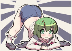  antennae arm_rest black_cape black_footwear blush cape closed_mouth commentary_request denim denim_shorts emina female full_body green_eyes green_hair hands_on_ground jack-o&#039;_challenge long_sleeves looking_at_viewer outline shirt short_hair shorts socks solo spread_legs top-down_bottom-up touhou two-tone_background white_outline white_shirt white_socks wide_spread_legs wriggle_nightbug 