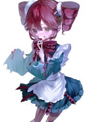  apron aqua_dress blood blood_on_face blood_on_hands blush bow candy_hair_ornament dress drill_hair female food-themed_hair_ornament hair_ornament halloween_costume highres kasane_teto layered_skirt li_(pixiv_93914145) long_sleeves maid_apron oerba_yun_fang open_mouth pumpkin_hair_ornament purple_bow red_bow red_eyes red_hair simple_background skirt skirt_set solo striped_bow teeth twin_drills upper_teeth_only utau vampire white_apron white_background 