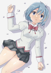  black_skirt blue_eyes blue_hair bow bowtie breasts empty_eyes female hair_ornament hairclip highres juliet_sleeves long_sleeves looking_at_viewer lying mahou_shoujo_madoka_magica mahou_shoujo_madoka_magica_(anime) medium_breasts miki_sayaka mitakihara_school_uniform panties pantyshot plaid_clothes plaid_skirt pleated_skirt puffy_sleeves rasen_manga red_bow red_bowtie school_uniform shadow short_hair simple_background skirt solo thighs twitter_username underwear white_background white_panties 