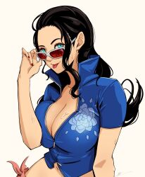  :p black_hair blue_eyes blue_jacket breasts cleavage commentary cropped_jacket eightyfourart english_commentary eyelashes female floral_print high_collar highres jacket large_breasts long_hair looking_at_viewer navel nico_robin one_piece print_jacket red-tinted_eyewear red_nails simple_background solo sunglasses tinted_eyewear tongue tongue_out upper_body water wet white-framed_eyewear white_background 