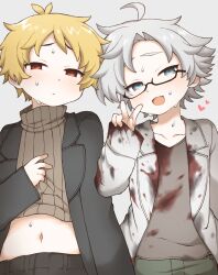  2boys :&lt; absurdres ahoge atou_haruki bad_id bad_pixiv_id black_jacket black_pants blonde_hair blue_eyes blush brown_shirt brown_sweater closed_mouth commentary_request glasses green_pants grey_background grey_hair hand_on_own_chest heart highres jacket kanou_aogu lab_coat long_sleeves male_focus multiple_boys navel open_clothes open_jacket pants red_eyes ribbed_sweater saibou_shinkyoku semi-rimless_eyewear shirt short_hair simple_background sweat sweater turtleneck turtleneck_sweater v yagidon 